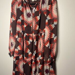 LOFT Long Sleeve Dress in Red and Brown Geometric Pattern